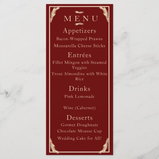 カトリック冬季ウエディングメニュー メニュー (正面)