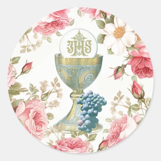カトリック初の聖餐式ピンクのバラ ラウンドシール (正面)