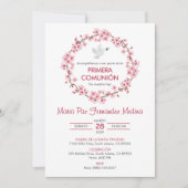 カトリック初の聖餐式ピンクスペインのの花 招待状 (正面)