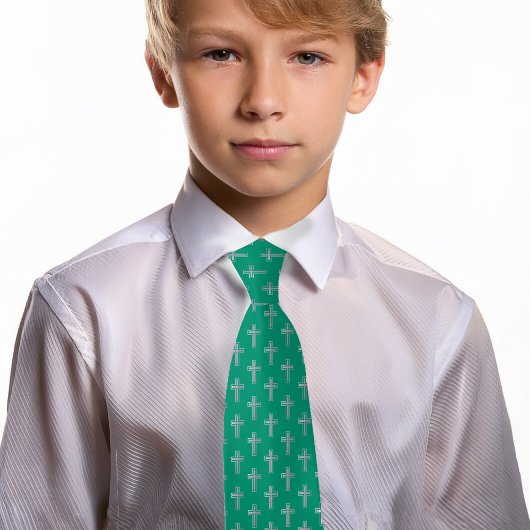 カトリック十字型エメラルドグリーンフェイクシルバー聖餐式 ネクタイ