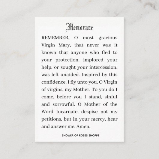 カトリック受胎告知ヴァージンメアリーメモリアレ祈りの言葉 名刺 (裏面)