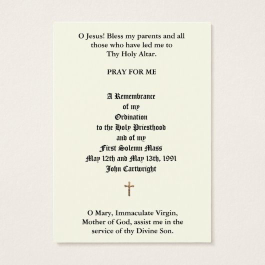 カトリック司祭叙位記念日の神聖なカード (裏面)