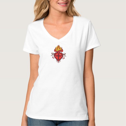 カトリック女性 イエスの聖心VネックTシャツ Tシャツ (正面)