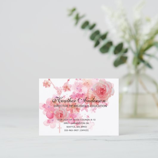 カトリック宗教ロザリオピンクバラ宗教 名刺 (スタンド正面)