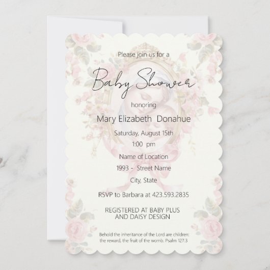 カトリック宗教ヴィンテージベビーフローラ赤ちゃんシャワー 招待状 (裏面)