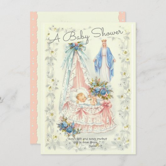 カトリック宗教ヴィンテージ男の赤ちゃんシャワー 招待状 (正面/裏面)
