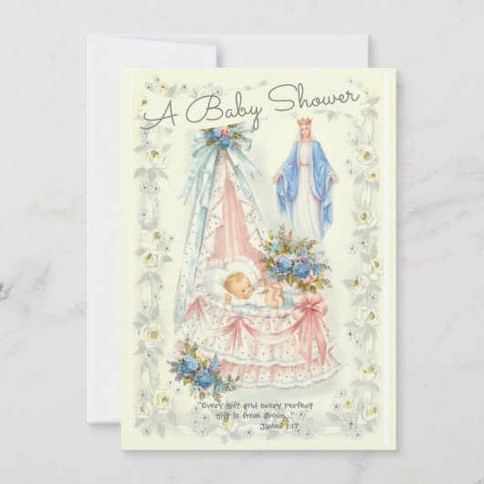 カトリック宗教ヴィンテージ男の赤ちゃんシャワー 招待状 (正面)