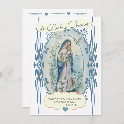 カトリック宗教赤ちゃんシャワー新しいママヴィンテージ 招待状 (正面/裏面)