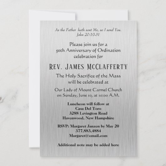 カトリック宣教師 叙任記念日招待 招待状 (裏面)