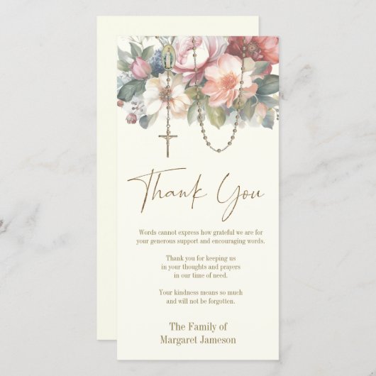 カトリック念珠フローラ葬儀の弔意悔やみや弔慰 サンキューカード (正面/裏面)