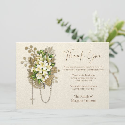 カトリック念珠フローラ葬儀の弔意悔やみや弔慰 サンキューカード (スタンド正面)