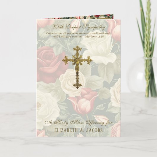 カトリック悔やみや弔慰ミサ十字架バラ カード (正面)