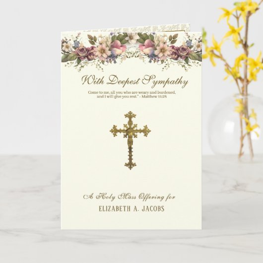 カトリック悔やみや弔慰ミサ十字架フローラ カード (黄色い花)