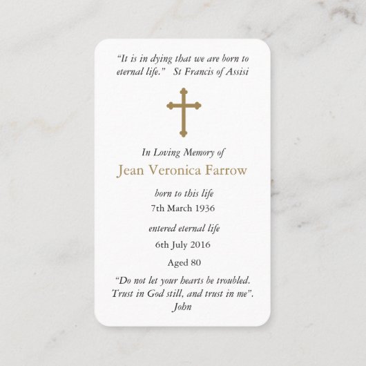 カトリック損失イエス葬儀祈りの言葉同情カード 名刺 (裏面)