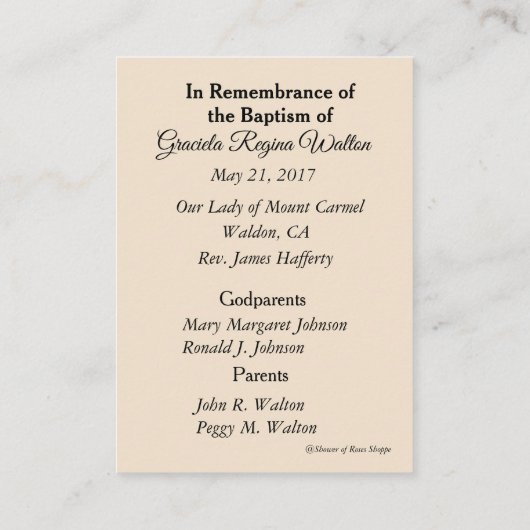 カトリック教のベビーの洗礼記憶の神聖なカード 名刺 (裏面)