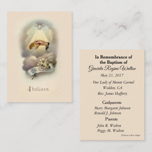 カトリック教のベビーの洗礼記憶の神聖なカード 名刺 (正面/裏面)