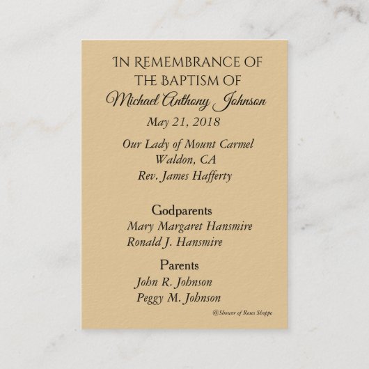 カトリック教のベビーの洗礼記憶の神聖なカード 名刺 (裏面)