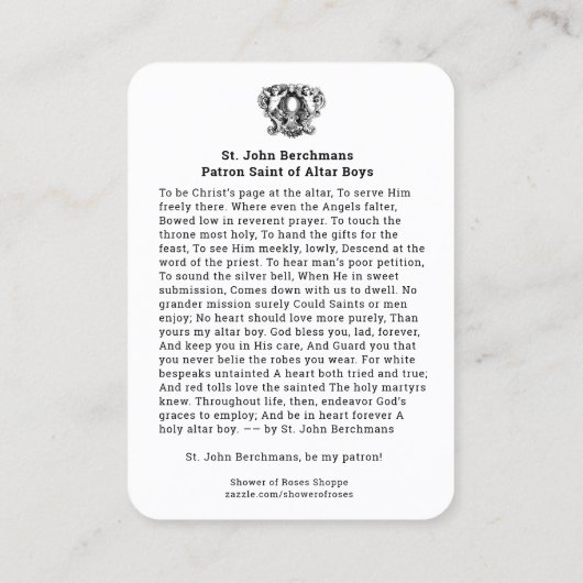 カトリック教の聖ヨハネBerchmansの侍者の祈りの言葉 名刺 (裏面)