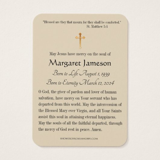 カトリック教の葬儀の記念の祈りの言葉の神聖なカード (裏面)