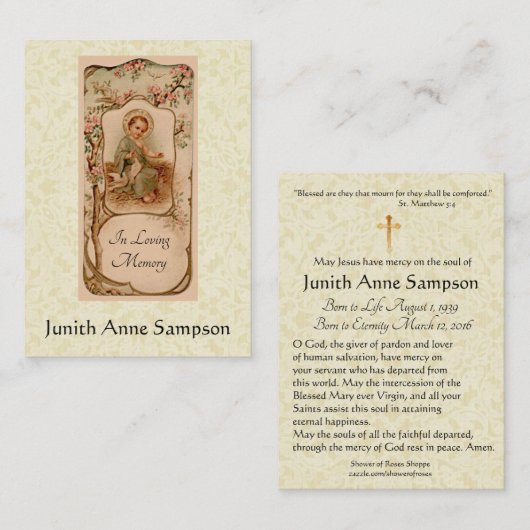 カトリック教の葬儀の記念の神聖なカード|ベビーイエス・キリスト 名刺 (正面/裏面)