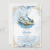 カトリック教会のほこりっぽい青い花の金ゴールド枠 招待状 (正面)