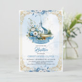 カトリック教会のほこりっぽい青い花の金ゴールド枠 招待状 (スタンド正面)