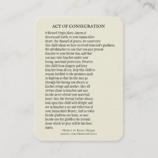 カトリック教会の子の聖別祈りの言葉をメアリーに----- プレイスカード (裏面)