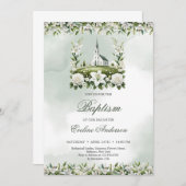 カトリック教会の水彩のユリとバラバプテスマ 招待状 (正面/裏面)