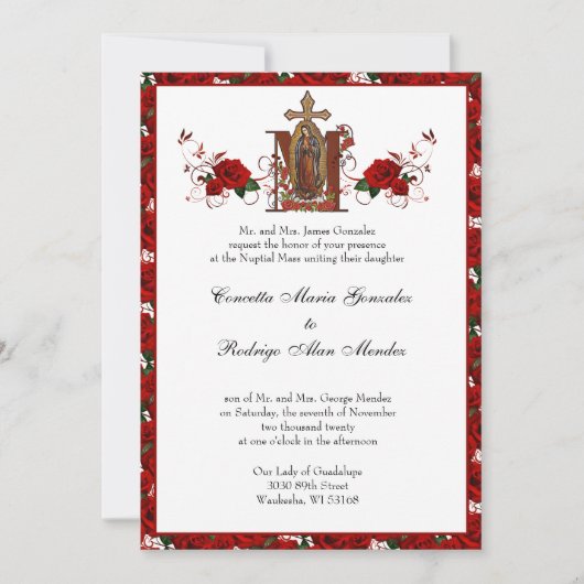 カトリック教会グアダルーペ宗教赤結婚バラ 招待状 (正面)