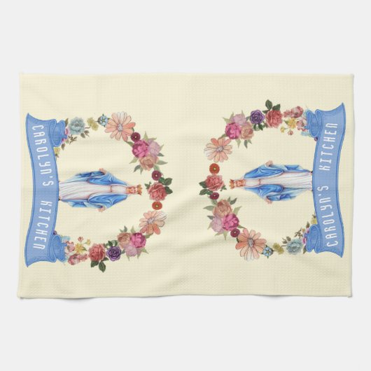 カトリック教徒によって聖母マリアの賛美される宗教花柄 キッチンタオル (横)