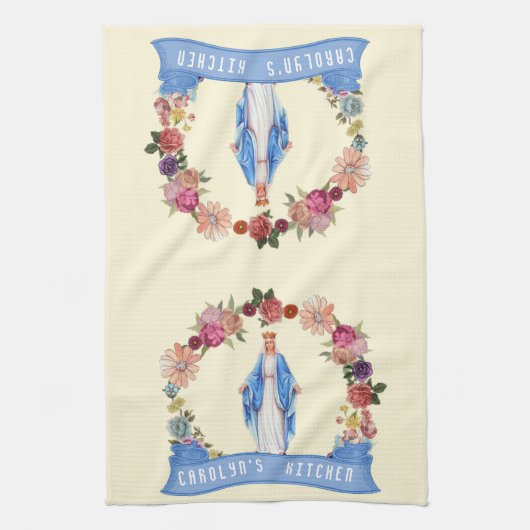 カトリック教徒によって聖母マリアの賛美される宗教花柄 キッチンタオル (縦)