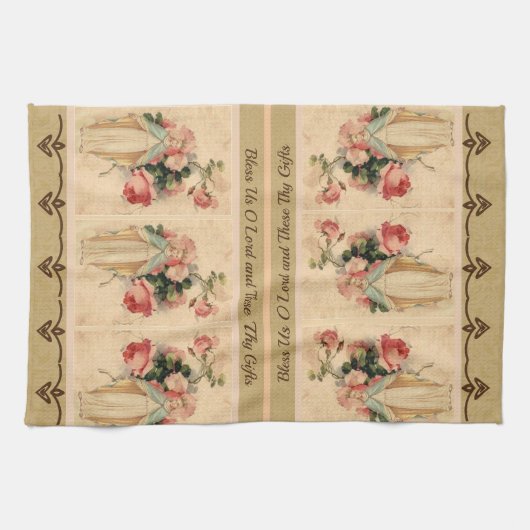 カトリック教徒によって賛美される聖母マリアの花柄の祈りの言葉 キッチンタオル (横)