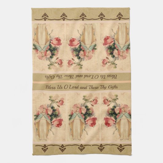 カトリック教徒によって賛美される聖母マリアの花柄の祈りの言葉 キッチンタオル (縦)