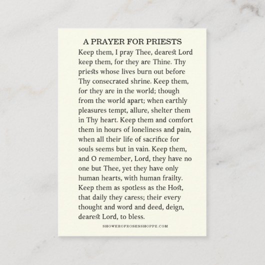カトリック教徒の聖職者のための祈りの言葉 プレイスカード (裏面)