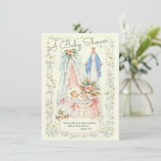 カトリック教派ヴィンテージベビーガールシャワー 招待状 (スタンド正面)