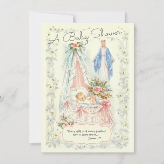 カトリック教派ヴィンテージベビーガールシャワー 招待状 (正面)