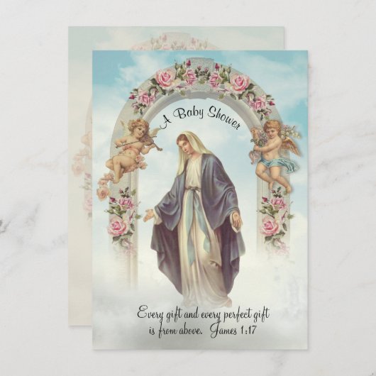 カトリック教派ヴィンテージ赤ちゃんシャワー 招待状 (正面/裏面)