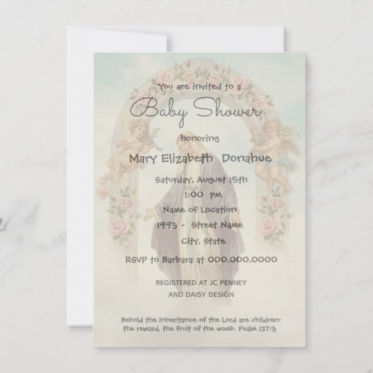 カトリック教派ヴィンテージ赤ちゃんシャワー 招待状 (裏面)