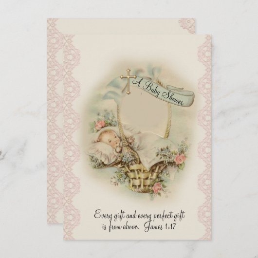 カトリック教派ヴィンテージ赤ちゃんシャワー 招待状 (正面/裏面)