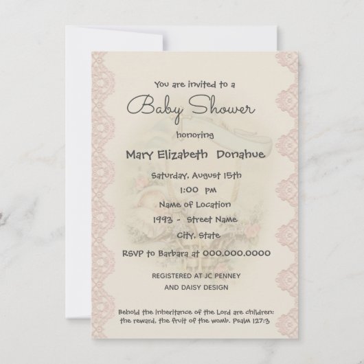 カトリック教派ヴィンテージ赤ちゃんシャワー 招待状 (裏面)