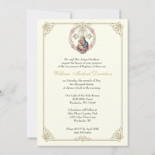 カトリック洗礼ピンクフローラメアリーイエスヴィンテージ 招待状 (正面)