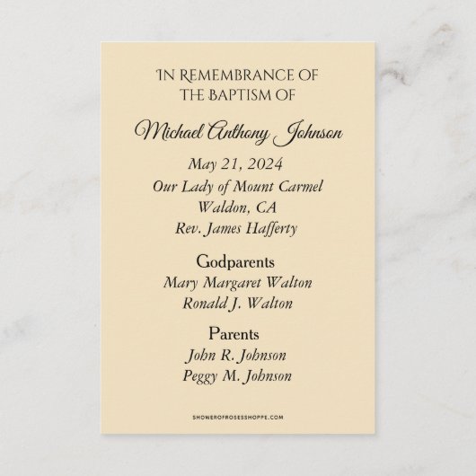 カトリック男の赤ちゃんバプティスマル追悼神聖カード エンクロージャーカード (裏面)
