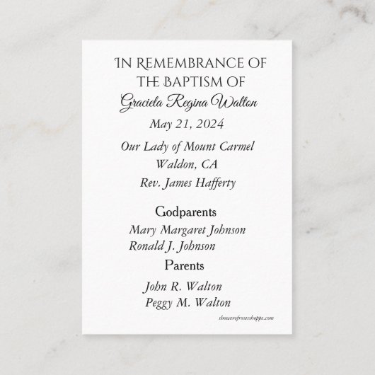 カトリック男の赤ちゃんバプティスマル追悼神聖カード 名刺 (裏面)