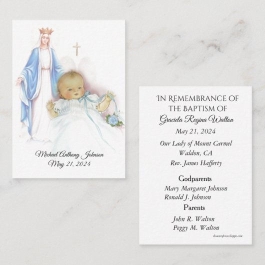 カトリック男の赤ちゃんバプティスマル追悼神聖カード 名刺 (正面/裏面)