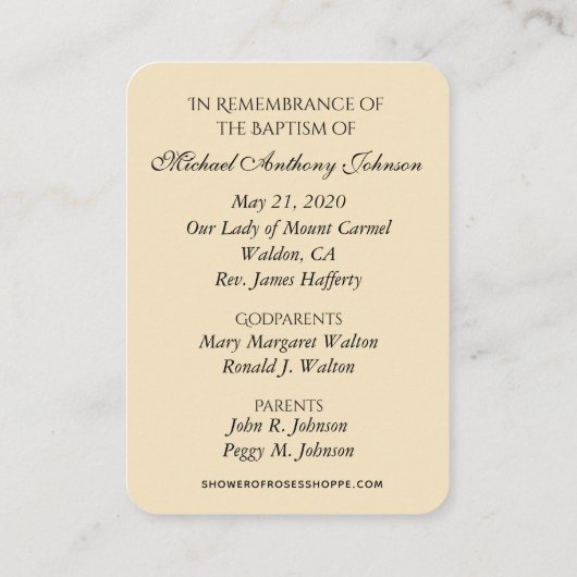 カトリック男の赤ちゃんバプティスマル追悼神聖カード 名刺 (裏面)