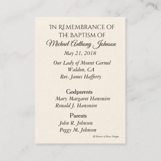 カトリック男の赤ちゃんバプティスマル追悼神聖カード 名刺 (裏面)
