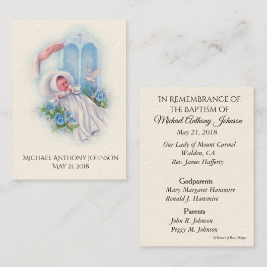 カトリック男の赤ちゃんバプティスマル追悼神聖カード 名刺 (正面/裏面)