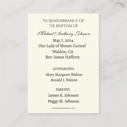 カトリック男の赤ちゃんバプテスマ追悼神聖カード エンクロージャーカード (裏面)