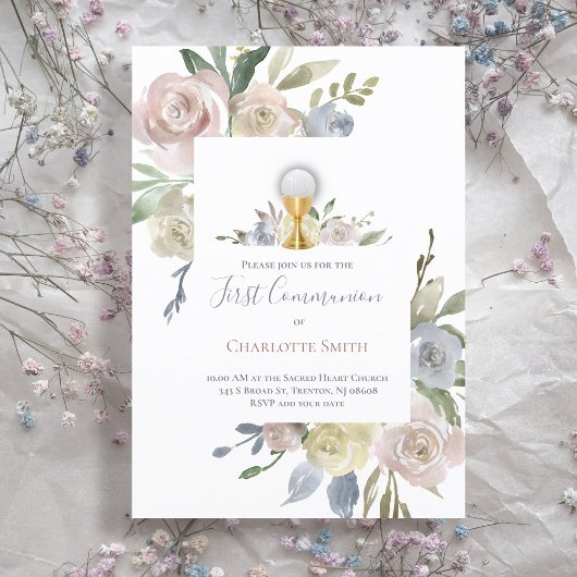 カトリック第一聖餐式の繊細な花の花束 招待状