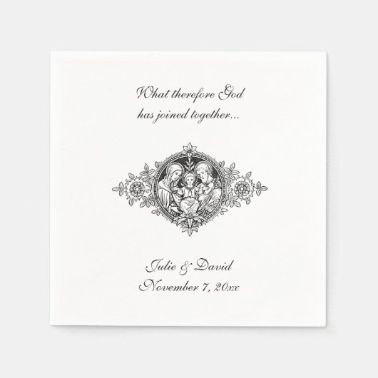 カトリック結婚式の引き出物ホーリーファミリーブラック&ホワイトN スタンダードカクテルナプキン (正面)